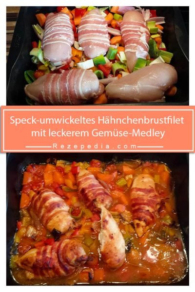 Speck-umwickeltes Hähnchenbrustfilet mit leckerem Gemüse-Medley Speck-umwickeltes Hähnchenbrustfilet mit leckerem Gemüse-Medley